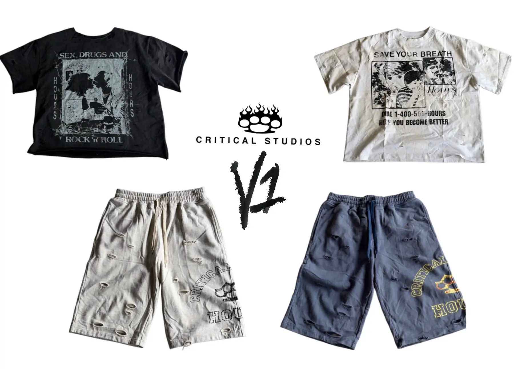 Hours Vol. 01: the Influence tee, the Pick Up The Phone tee, and the grey and navy Everlasting shorts around the Critical Studios logo
